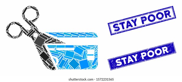 Mosaic cut credit card icon and rectangle Stay Poor watermarks. Flat vector cut credit card mosaic pictogram of randomized rotated rectangle elements. Blue Stay Poor watermarks with rubber textures.