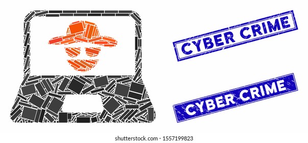 Mosaic cyber crime pictogram and rectangular watermarks. Flat vector cyber crime mosaic pictogram of scattered rotated rectangular items. Blue caption watermarks with corroded texture.