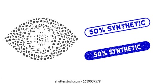Mosaic cyber eye lens and grunge stamp seals with 50% Synthetic caption. Mosaic vector cyber eye lens is created with randomized elliptic elements. 50% Synthetic stamp seals use blue color,
