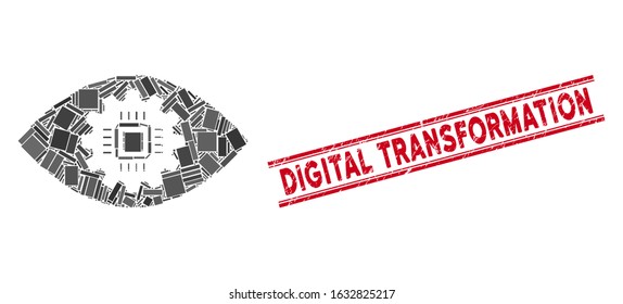 Mosaic cyborg eye lens icon and red Digital Transformation seal stamp between double parallel lines. Flat vector cyborg eye lens mosaic icon of randomized rotated rectangular items.