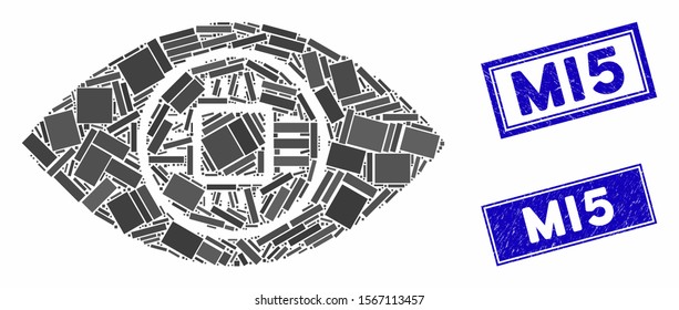 Mosaic cyborg eye pictogram and rectangle stamps. Flat vector cyborg eye mosaic icon of randomized rotated rectangle elements. Blue caption stamps with distress texture.