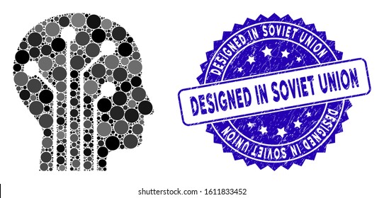 Mosaic cyborg head circuit icon and rubber stamp seal with Designed in Soviet Union phrase. Mosaic vector is created with cyborg head circuit pictogram and with scattered spheric spots.
