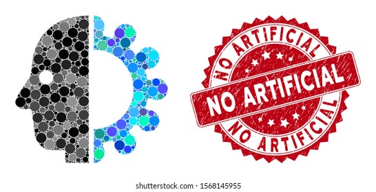 Mosaic cyborg head and corroded stamp seal with No Artificial phrase. Mosaic vector is designed from cyborg head icon and with scattered circle items. No Artificial stamp seal uses red color,