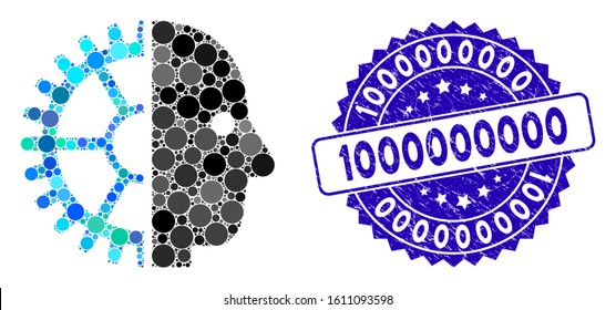 Mosaic cyborg head icon and corroded stamp watermark with 1000000000 text. Mosaic vector is created with cyborg head icon and with scattered spheric elements. 1000000000 stamp uses blue color,
