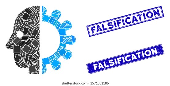 Mosaic cyborg head icon and rectangular Falsification stamps. Flat vector cyborg head mosaic pictogram of randomized rotated rectangular items. Blue Falsification stamps with grunge texture.