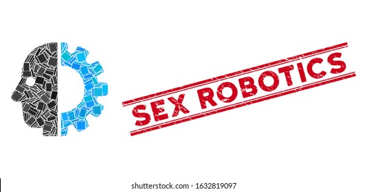 Mosaic cyborg head icon and red Sex Robotics seal stamp between double parallel lines. Flat vector cyborg head mosaic icon of random rotated rectangle elements.