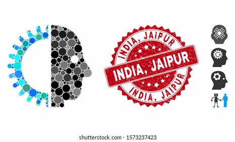 Mosaic cyborg head icon and rubber stamp watermark with India, Jaipur phrase. Mosaic vector is formed with cyborg head pictogram and with scattered spheric items. India, Jaipur stamp uses red color,