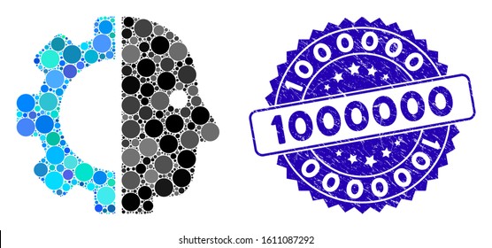 Mosaic cyborg head icon and rubber stamp seal with 1000000 phrase. Mosaic vector is composed with cyborg head icon and with randomized round items. 1000000 seal uses blue color, and scratched surface.