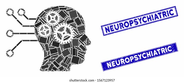 Mosaic cyborg interface circuit icon and rectangular seals. Flat vector cyborg interface circuit mosaic icon of scattered rotated rectangular items. Blue caption seals with grunge texture.