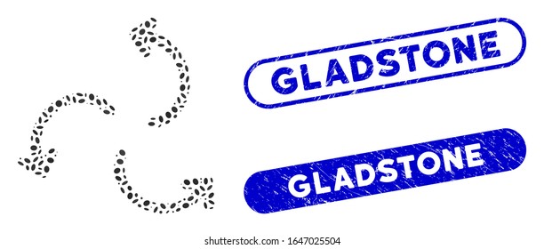 Flechas de ciclón mosaico y sellos de goma con texto Gladstone. Las flechas del ciclón vector mosaico se crean con partes elípticas aleatorias. Los sellos de sello de vidrio utilizan color azul,
