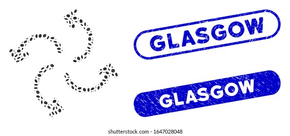 Flechas de ciclón mosaico y sellos de goma con la leyenda Glasgow. Las flechas del ciclón vector mosaico se crean con elementos elípticos dispersos. Los sellos de sello de vidrio utilizan color azul,