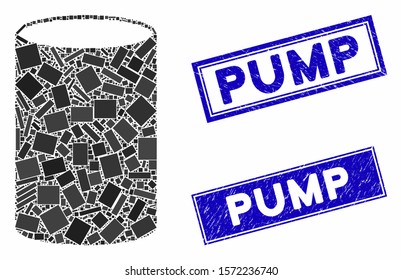 Mosaic cylinder icon and rectangle Pump seals. Flat vector cylinder mosaic icon of randomized rotated rectangular items. Blue Pump seals with grunge textures.