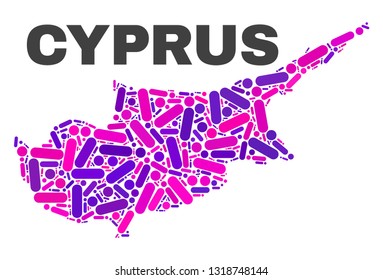 Mosaic Cyprus map isolated on a white background. Vector geographic abstraction in pink and violet colors. Mosaic of Cyprus map combined of scattered circle points and lines.