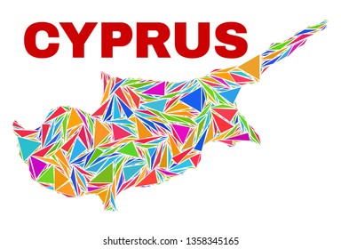Mosaic Cyprus map of triangles in bright colors isolated on a white background. Triangular collage in shape of Cyprus map. Abstract design for patriotic illustrations.