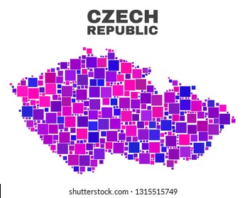 Mosaic Czech Republic map isolated on a white background. Vector geographic abstraction in pink and violet colors. Mosaic of Czech Republic map combined of scattered square elements.