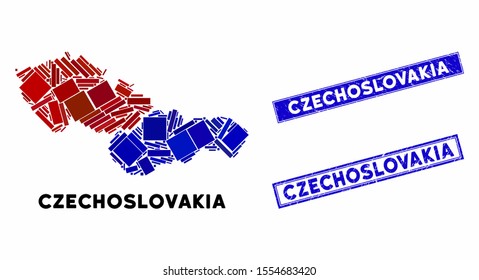 Mosaic Czechoslovakia map and rectangular stamps. Flat vector Czechoslovakia map mosaic of randomized rotated rectangular items. Blue caption seal stamps with scratched surface.