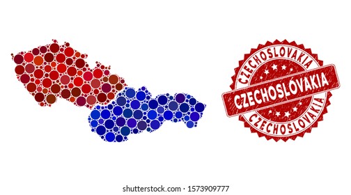 Mosaic Czechoslovakia map and round stamp. Flat vector Czechoslovakia map mosaic of randomized round elements. Red seal stamp with scratched surface. Designed for political and patriotic promotion.