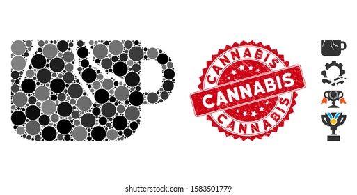 Mosaic damaged cup icon and distressed stamp seal with Cannabis caption. Mosaic vector is composed with damaged cup icon and with random circle elements. Cannabis stamp uses red color,