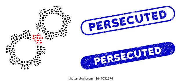 Mosaic damaged gears and rubber stamp seals with Persecuted caption. Mosaic vector damaged gears is designed with scattered oval spots. Persecuted stamp seals use blue color,