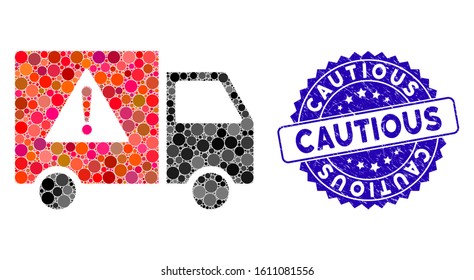 Mosaic danger transport truck icon and grunge stamp seal with Cautious caption. Mosaic vector is formed with danger transport truck icon and with random spheric items. Cautious stamp uses blue color,