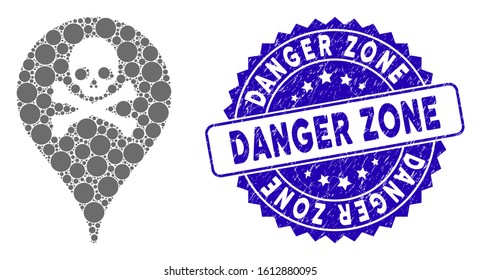 Mosaic danger zone map marker icon and grunge stamp seal with Danger Zone caption. Mosaic vector is created with danger zone map marker icon and with scattered round items.