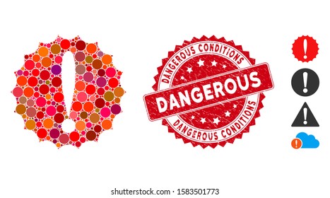 Mosaic dangerous conditions icon and distressed stamp seal with Dangerous Conditions phrase. Mosaic vector is designed with dangerous conditions icon and with random round elements.