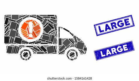 Mosaic dangerous truck pictogram and rectangular Large watermarks. Flat vector dangerous truck mosaic pictogram of randomized rotated rectangular elements. Blue Large watermarks with distress texture.