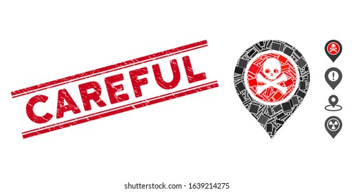 Mosaic dangerous zone pointer pictogram and red Careful watermark between double parallel lines. Flat vector dangerous zone pointer mosaic pictogram of scattered rotated rectangle elements.