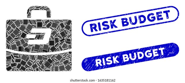 Mosaic Dash accounting case and grunge stamp seals with Risk Budget text. Mosaic vector Dash accounting case is composed with random rectangle items. Risk Budget stamp seals use blue color,