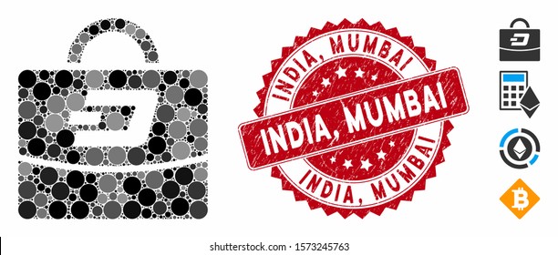 Mosaic Dash accounting case icon and grunge stamp watermark with India, Mumbai caption. Mosaic vector is created with Dash accounting case icon and with randomized circle elements. India,