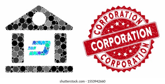 Mosaic Dash bank building and corroded stamp seal with Corporation caption. Mosaic vector is designed with Dash bank building icon and with random round spots. Corporation stamp uses red color,