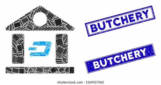 Mosaic Dash bank building pictogram and rectangular watermarks. Flat vector Dash bank building mosaic pictogram of random rotated rectangular elements. Blue caption rubber stamps with rubber surface.