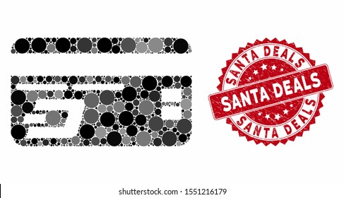 Mosaic Dash bank card and grunge stamp watermark with Santa Deals text. Mosaic vector is composed with Dash bank card icon and with scattered circle spots. Santa Deals stamp uses red color,