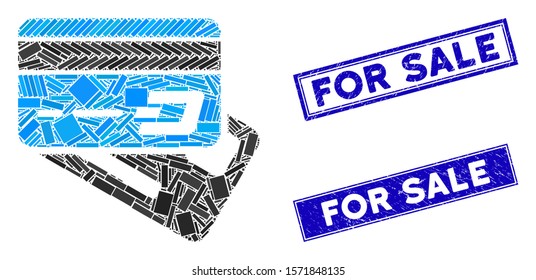 Mosaic Dash banking cards pictogram and rectangle For Sale stamps. Flat vector Dash banking cards mosaic pictogram of randomized rotated rectangle elements. Blue For Sale seals with dirty surface.