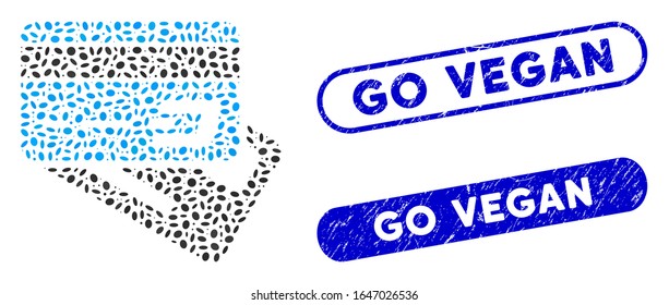 Mosaic Dash banking cards and rubber stamp watermarks with Go Vegan caption. Mosaic vector Dash banking cards is composed with randomized ellipse spots. Go Vegan stamp seals use blue color,