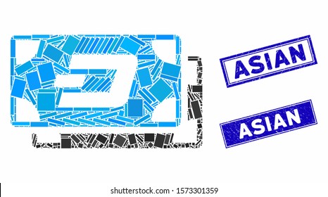 Mosaic Dash banknotes pictogram and rectangle Asian seals. Flat vector Dash banknotes mosaic pictogram of random rotated rectangle elements. Blue Asian rubber seals with rubber textures.