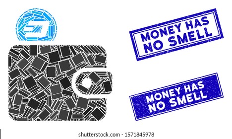 Mosaic Dash billfold icon and rectangle Money Has No Smell stamps. Flat vector Dash billfold mosaic icon of randomized rotated rectangle items.