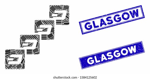 Mosaic Dash block chain icon and rectangle Glasgow seals. Flat vector Dash block chain mosaic icon of randomized rotated rectangle elements. Blue Glasgow rubber seals with dirty textures.