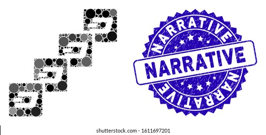Mosaic Dash block chain icon and grunge stamp watermark with Narrative phrase. Mosaic vector is composed with Dash block chain icon and with random spheric elements. Narrative stamp uses blue color,