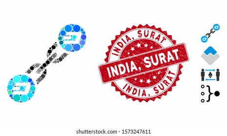 Mosaic Dash blockchain icon and distressed stamp watermark with India, Surat phrase. Mosaic vector is designed with Dash blockchain icon and with random spheric items. India,