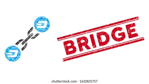 Mosaic Dash blockchain pictogram and red Bridge rubber print between double parallel lines. Flat vector Dash blockchain mosaic pictogram of random rotated rectangle elements.