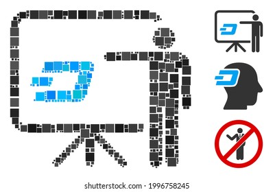 Icono de la persona de presentación del tablero Mosaic Dash compuesto de elementos cuadrados en varios tamaños y tonos de color. Los elementos cuadrados vectoriales se componen en la ilustración abstracta Icono de persona de presentación de tablero de guiones.