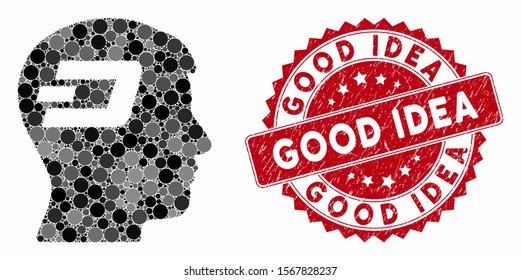 Mosaic Dash brain and grunge stamp seal with Good Idea phrase. Mosaic vector is designed with Dash brain icon and with randomized round spots. Good Idea seal uses red color, and grunge design.