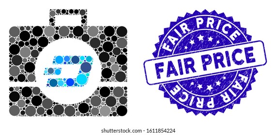 Mosaic Dash business case icon and distressed stamp watermark with Fair Price caption. Mosaic vector is designed with Dash business case icon and with randomized round spots.