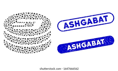 Mosaic Dash coin column and distressed stamp seals with Ashgabat text. Mosaic vector Dash coin column is designed with randomized elliptic elements. Ashgabat stamp seals use blue color,