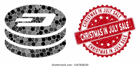 Mosaic Dash coin column and grunge stamp seal with Christmas in July Sale phrase. Mosaic vector is designed with Dash coin column icon and with random round spots.