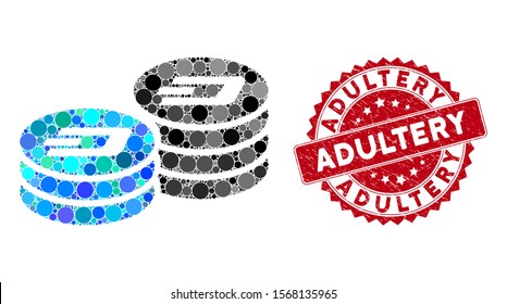Mosaic Dash coin columns and corroded stamp watermark with Adultery phrase. Mosaic vector is formed with Dash coin columns icon and with randomized round items. Adultery stamp uses red color,