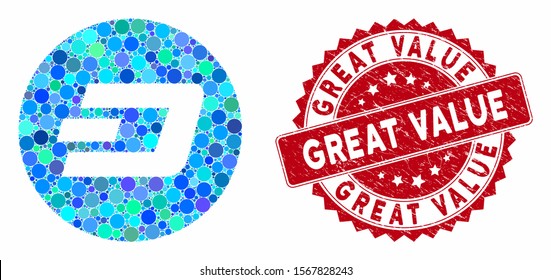 Mosaic Dash Coin And Grunge Stamp Watermark With Great Value Caption. Mosaic Vector Is Created From Dash Coin Icon And With Random Circle Spots. Great Value Stamp Uses Red Color, And Grunged Surface.