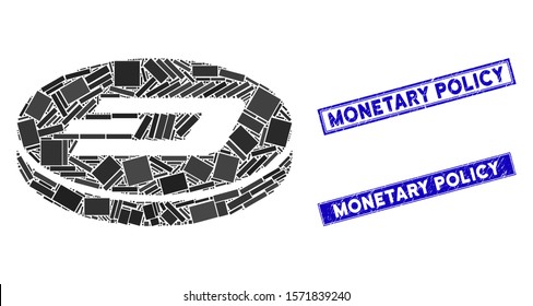 Mosaic Dash coin icon and rectangle Monetary Policy watermarks. Flat vector Dash coin mosaic icon of randomized rotated rectangle elements. Blue Monetary Policy seal stamps with grunged texture.