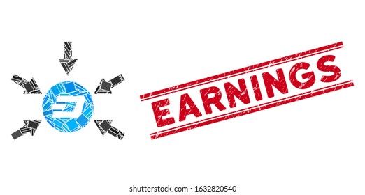 Mosaic Dash coin income arrows icon and red Earnings stamp between double parallel lines. Flat vector Dash coin income arrows mosaic icon of scattered rotated rectangular items.